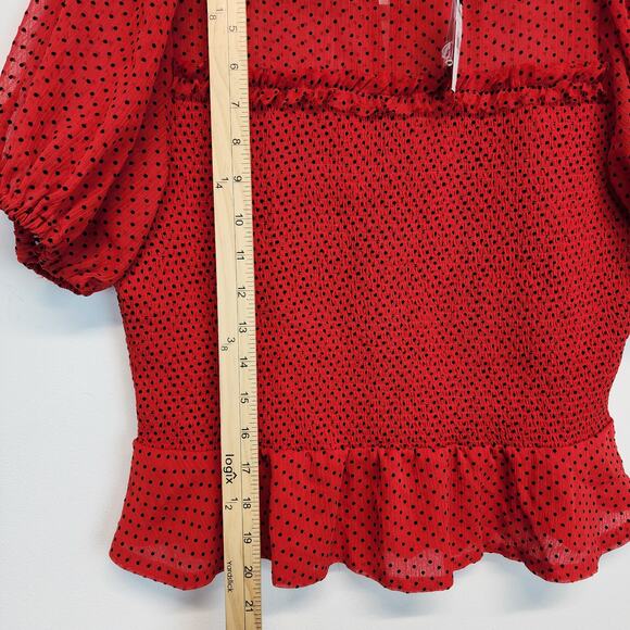 Express Smocked Peplum Polka Dot Blouse Top Size L Red Puff Sleeve Rockabilly - Picture 9 of 12